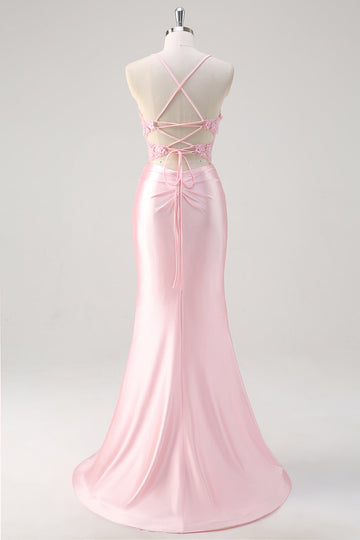 Pink Floral Mermaid Corset Prom Dress with Slit